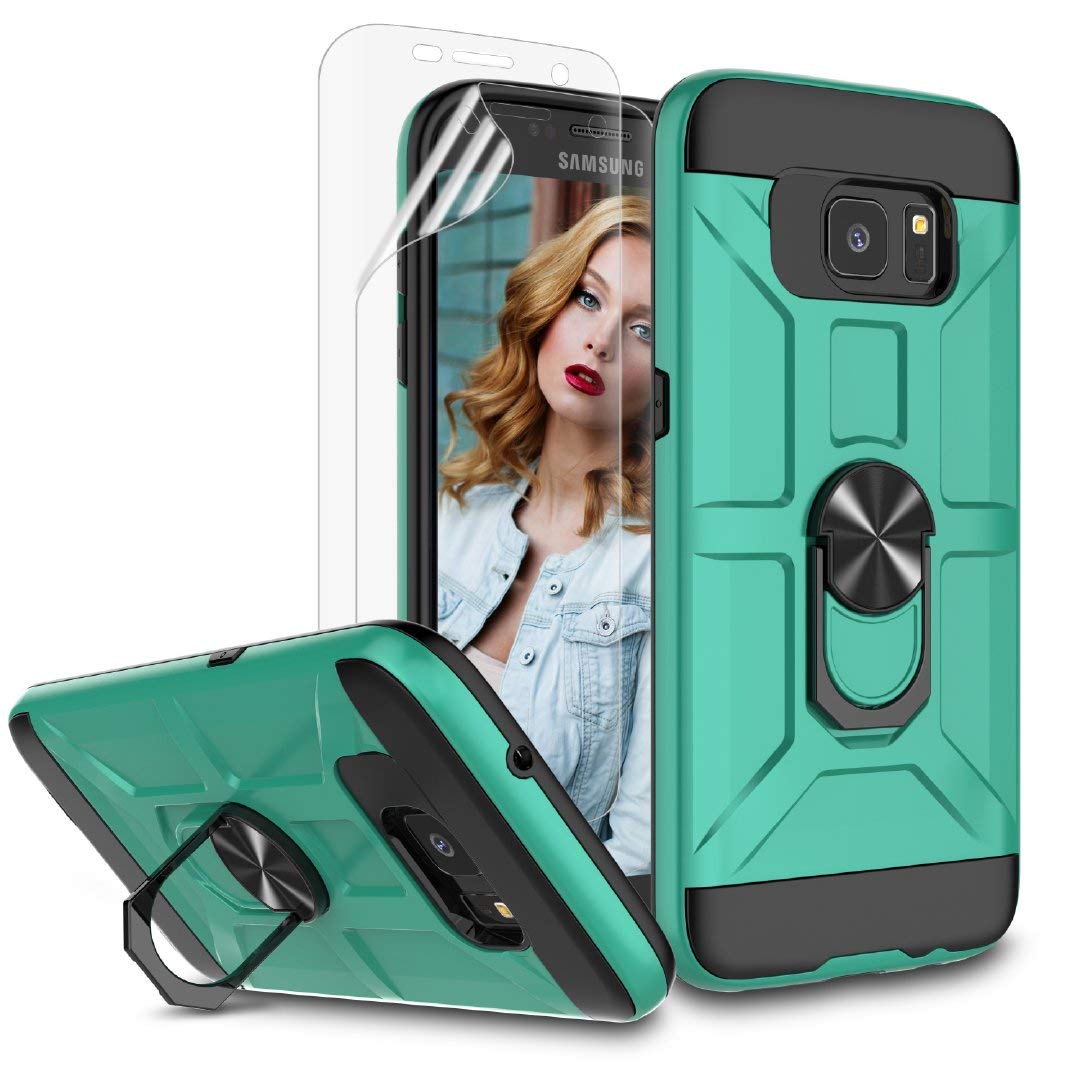 Jeylly Case for Galaxy S7 Edge with Soft Screen Protector, 360 Rotating Ring Kickstand Holder [Work with Magnetic Car Mount] Armor Defender Shockproof Case for Samsung Galaxy S7 Edge, Turquoise