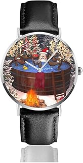 3D-Cartoon-Illustration, die den Weihnachtsmann und mehrere Rentiere in einem Außenwhirlpool darstellt Herren-Lederarmbanduhren Armbanduhr