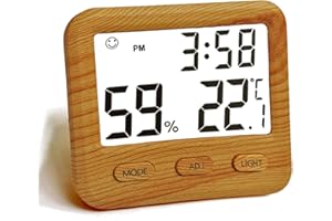 NATOME Digital Hygrometer Indoor Thermometer, Temperature Humidity Gauge with Desk Clocks for Bedroom Office,Backlit Accurate Monitor Clear Reading,Time Display Room Thermometer for Home Greenhouse Wooden