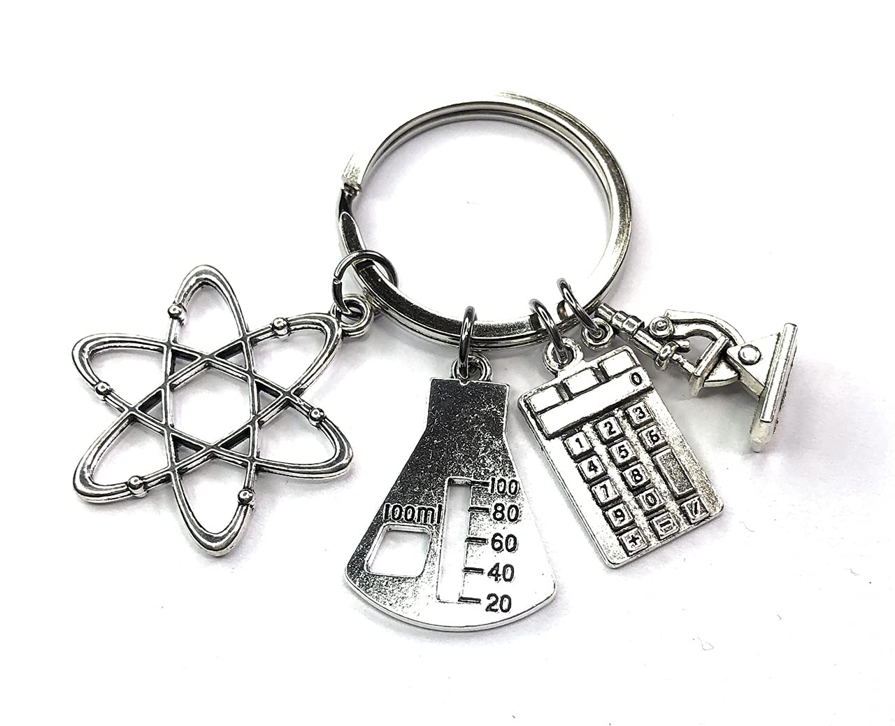 FizzyButton Gifts Chemistry Teacher Scientist Keyring Key Ring with Atom, Microscope, Calculator and Flask Charms