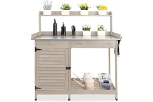 Ketive Outdoor Garden Potting Bench Table,41" L Wooden Potting Table Work Bench for Horticulture,Waterproof Workstation Table with Metal Tabletop/Cabinet/Drawer/Open Shelf,Grey (Table10-Grey)