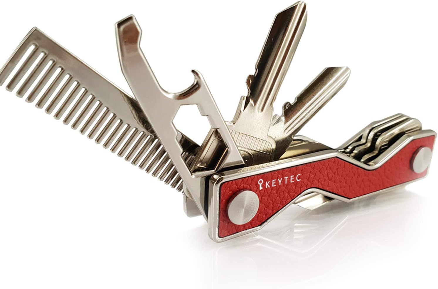 Compact Key Organizer Smart Key Holder by KEYTEC｜Leather Silver Rim｜Multitool includes Bottle Opener Comb S-Clip Hook Expansion Accessory｜Enhanced Frame