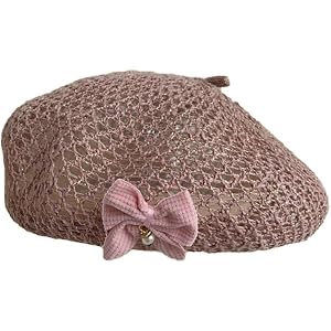 Women Beret Hat Trendy Bow Pearl Woven Beret Summer Hollow Out Hat Slouchy Crochet French Artist Cap Floral Beanie Hat