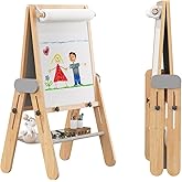 BanaSuper 3 In 1 Folding Kids Art Easel - Double-Sided Foldable Wooden Art Easel with Magnetic Chalkboard and Whiteboard, Hei