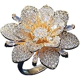Kokoma Double Layered Rhinestone Flower Ring for Women Cubic Zirconia Geometry Sunflower Wrap Finger Band Adjustable Open Bands Rings Engagement Jewelry