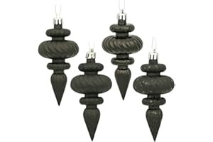 Vickerman 4" 4-Finish Finial Ornament, Shatterproof Plastic Christmas Tree Decoration, 8 Pack, Black Shiny, Matte, Glitter and Sequin Finishes