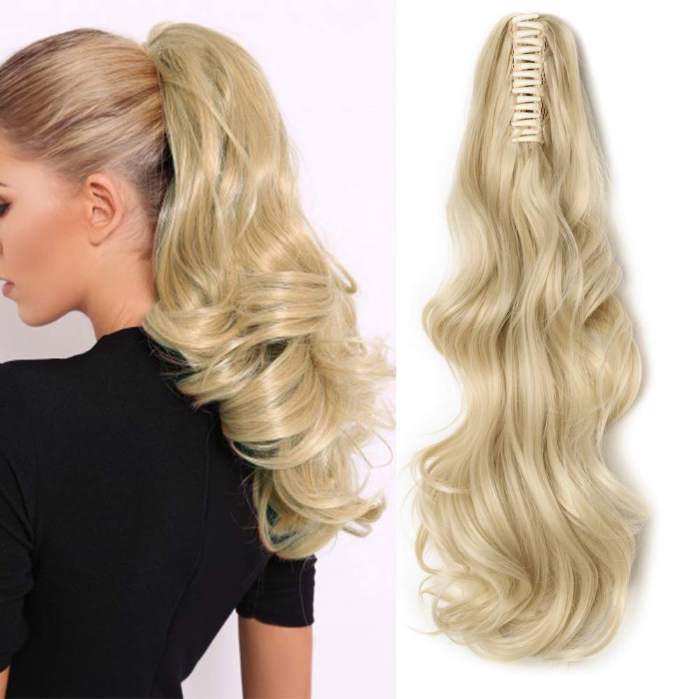 Silk-co 18inch Bleach Blond Long Curly Ponytail Extensions Claw on Synthetic Clip in Hairpiece Pony Tail Extension