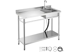 VEVOR Stainless Steel Utility Sink, Free Standing Single Bowl Commercial Kitchen Sink with Faucet, Utility Left Basin Workben