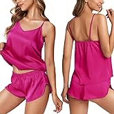Ekouaer Silk Pajamas for Women Satin Cami Pjs Set V Neck Camisole Shorts Set Adjustable Strap Sleepwear