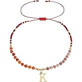 Frigotine Gold Beaded Natural Stone Initial Bracelet for Women, Boho Handmade Personalized A-Z Gemstone Beads Letter Name Adjustable Bracelets Christmas Party Accessories Jewelry Gift
