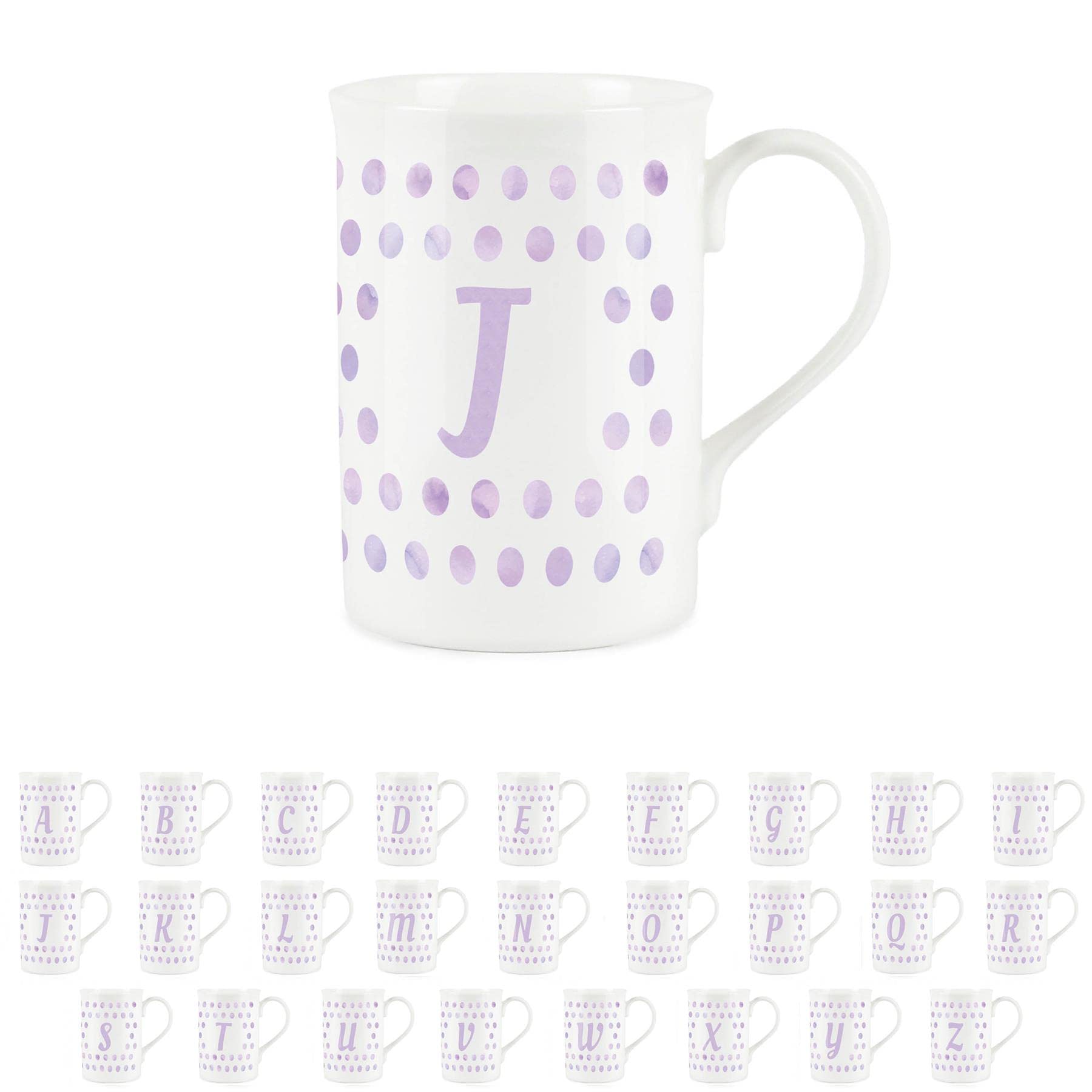 Polka Dots Lilac Letter J Mug - Fine Bone China Alphabet Initials Gift/Present Mug