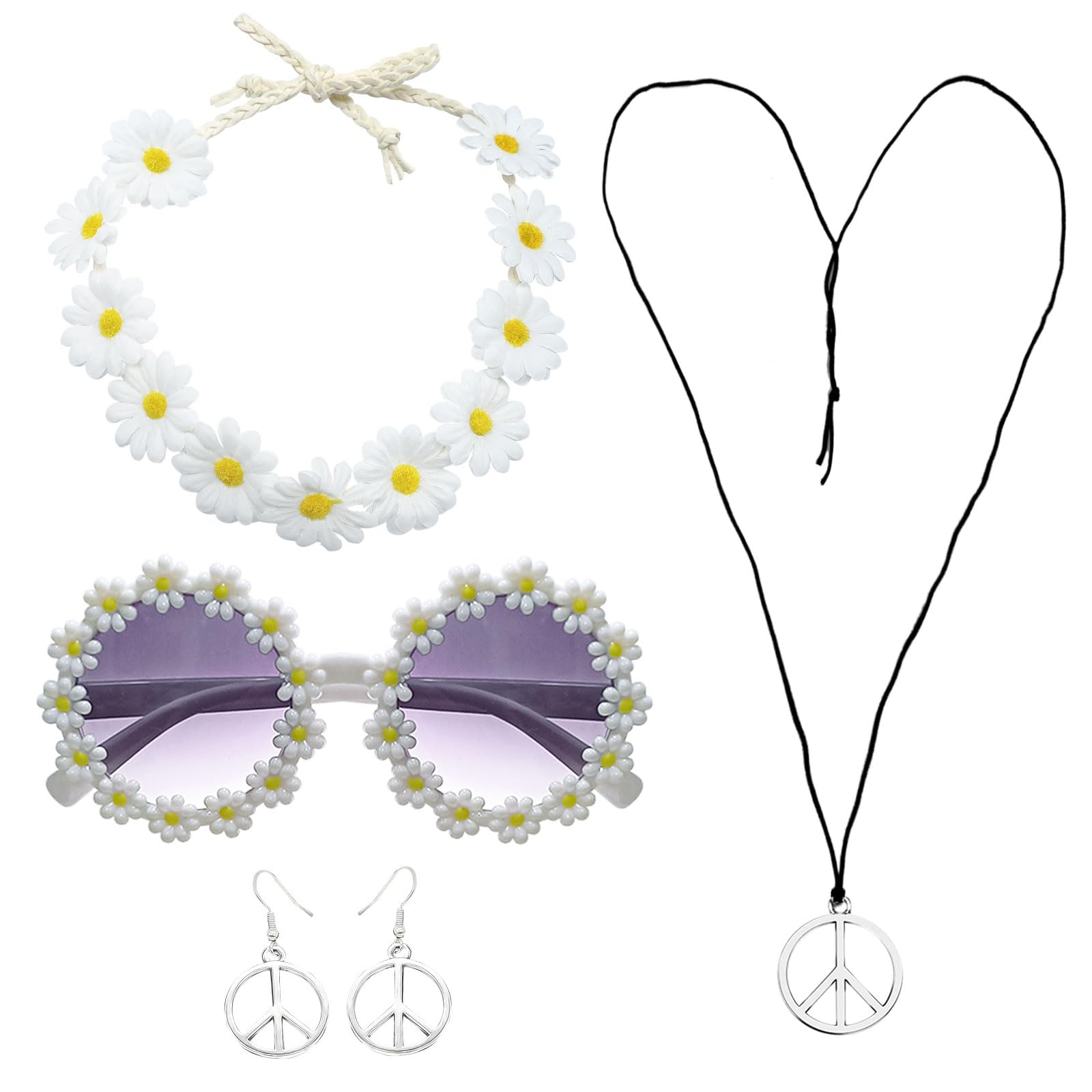 FUIPVGI 5 Pcs Hippie Costume Set, 60s 70s Dressing Accessory, Daisy Headband, Glasses, Peace Sign Necklace and Earring, Party Supplies (White)