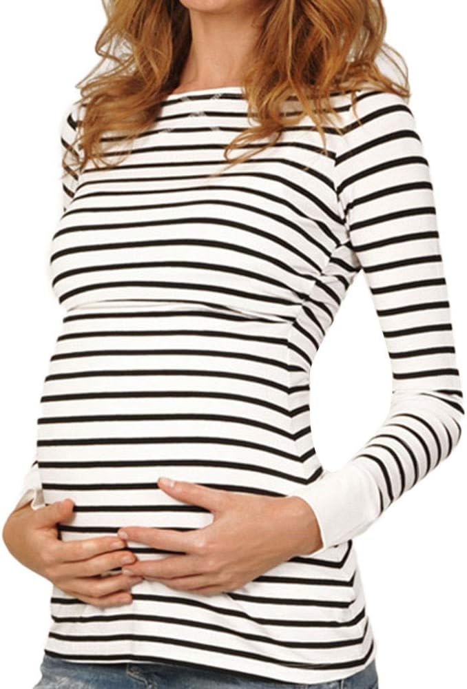 Women Mom Pregnant Nursing Baby Maternity Long Sleeved Stripe Tops Blouse T-Shirt Sweatshirts Clothes for Mom Baby