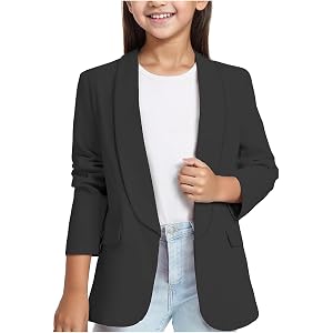 Girls Solid Color Lapel Suit Coat Long Seelve Blazer Jacket Graduation Formal Blazers Open Front Outerwear With Inner Pockets