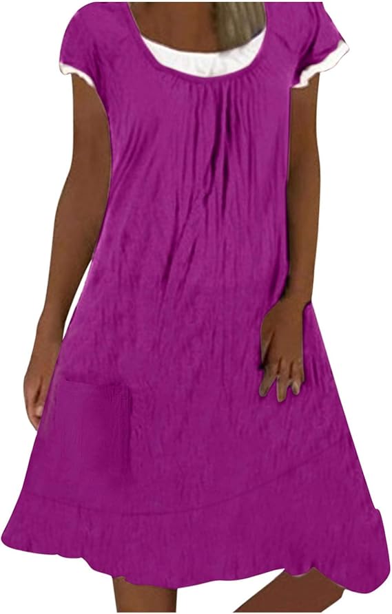 Summer Dress,Women Pure Color Cotton Linen Stitching ShortSleeved