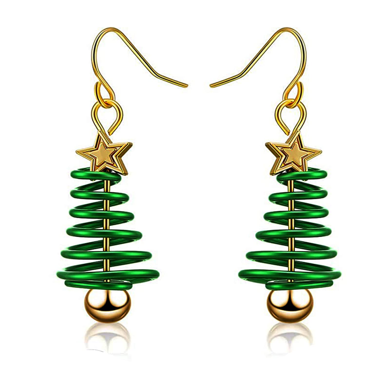 Christmas Tree Earrings for Women, Festive Drop Earrings, Xmas Jewellery Presents for Girls, Spiral Earrings, Green & Gold