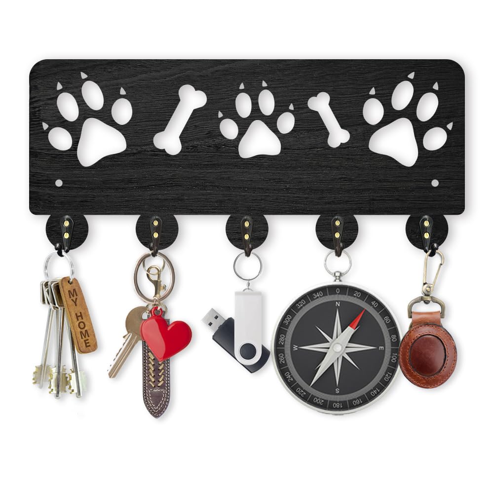 MAYJOYDIY Wooden Dog Paw Print Key Holder, Wall Mounted, 5 Alloy Hooks, 30x13.2cm, Decorative Animal Rack, Home Decor for Entryway, Living Room, Kitchen, Office