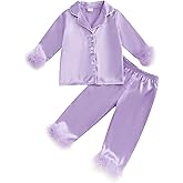 ZAXARRA Toddler Baby Girl Satin Pajamas Set Fuzzy Trim Long Sleeve Button Down Shirt Tops Pants Little Kids Sleepwear suit