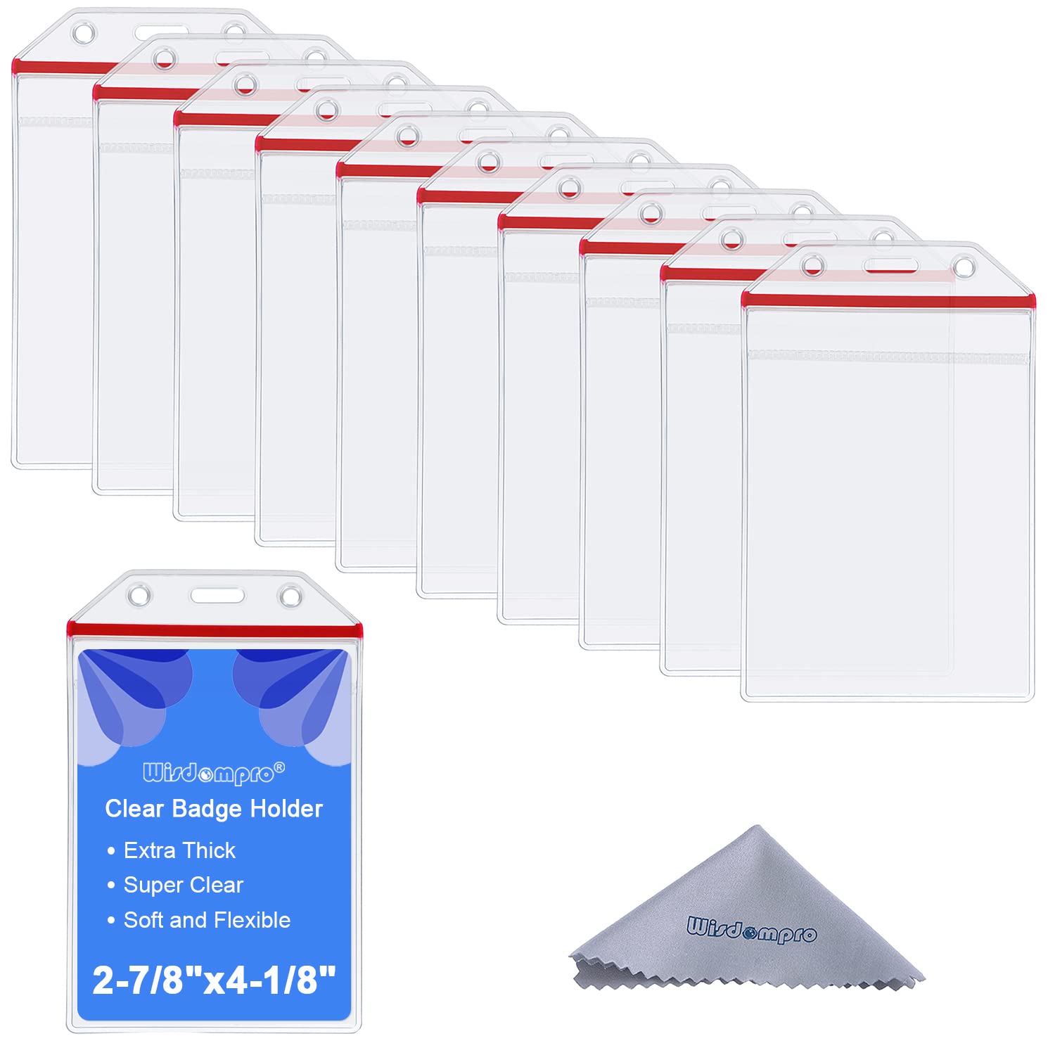 Wisdompro Vertical ID Badge Holder, 10 Pack Heavy Duty Clear Extra Thick Vinyl Plastic Card Holder with Ziplock for Multiple Cards - Red Zip