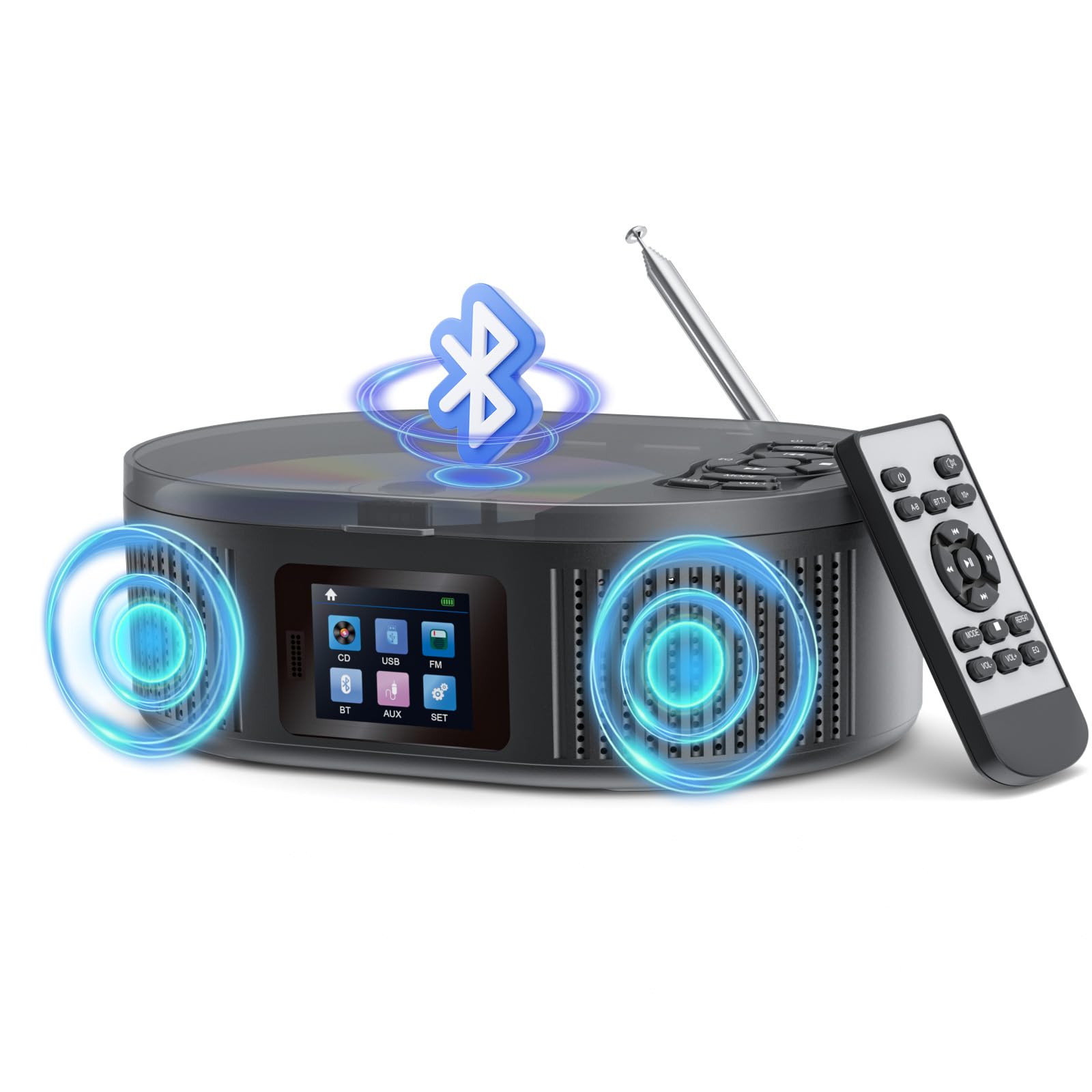 Photo 1 of CD Player Portable DESOBRY Boombox CD Player with Bluetooth TX/RX Modes and FM Radio Dual Stereo Speakers Portable CD Players for Home/Car with Remote Support USB, AUX in, Headphone Jack
