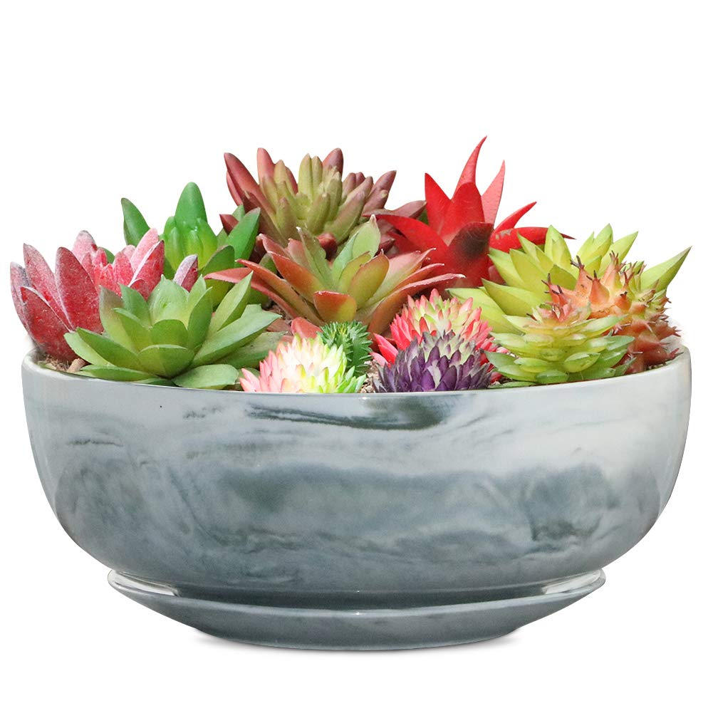 G EPGardening 8in Marble Pattern Large Round Succulent Planter Pot Modern Flower Pot Indoor and Outdoor Planter with Marble Tray