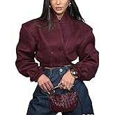 RISCUYY Crop Jackets for Women Button Waist Cinched Stand Collar Long Sleeve Retro Elegant Cropped Bomber Jackets for Women