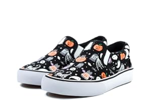 waddle wonder Toddler Halloween Slip-On Loafers for Boys&Girls, Black Canvas with Ghosts & Pumpkins Shoes School Walking Tennis Sneaker Sizes 6-10