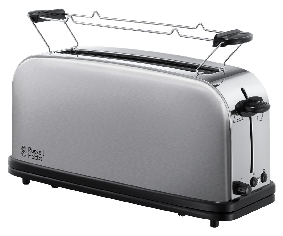 Russell Hobbs Grille Pain [Fente Longue 2 Toasts/ 1 Tranche Baguette] Adventure Acier Inox (Fente Large, 6 Niveaux De Brunissage Rapide Réglables, Surélévation, Décongèle & Réchauffe) 21396-56