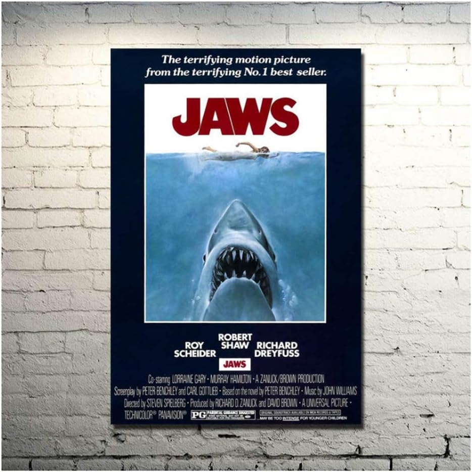 QIANLIYAN Jaws 1975 Movie Poster Glossy Fabric Print Pictures for Living Room Decor Great Gift Canvas Wall Art Posters and Prints-20X30 Inch No Frame
