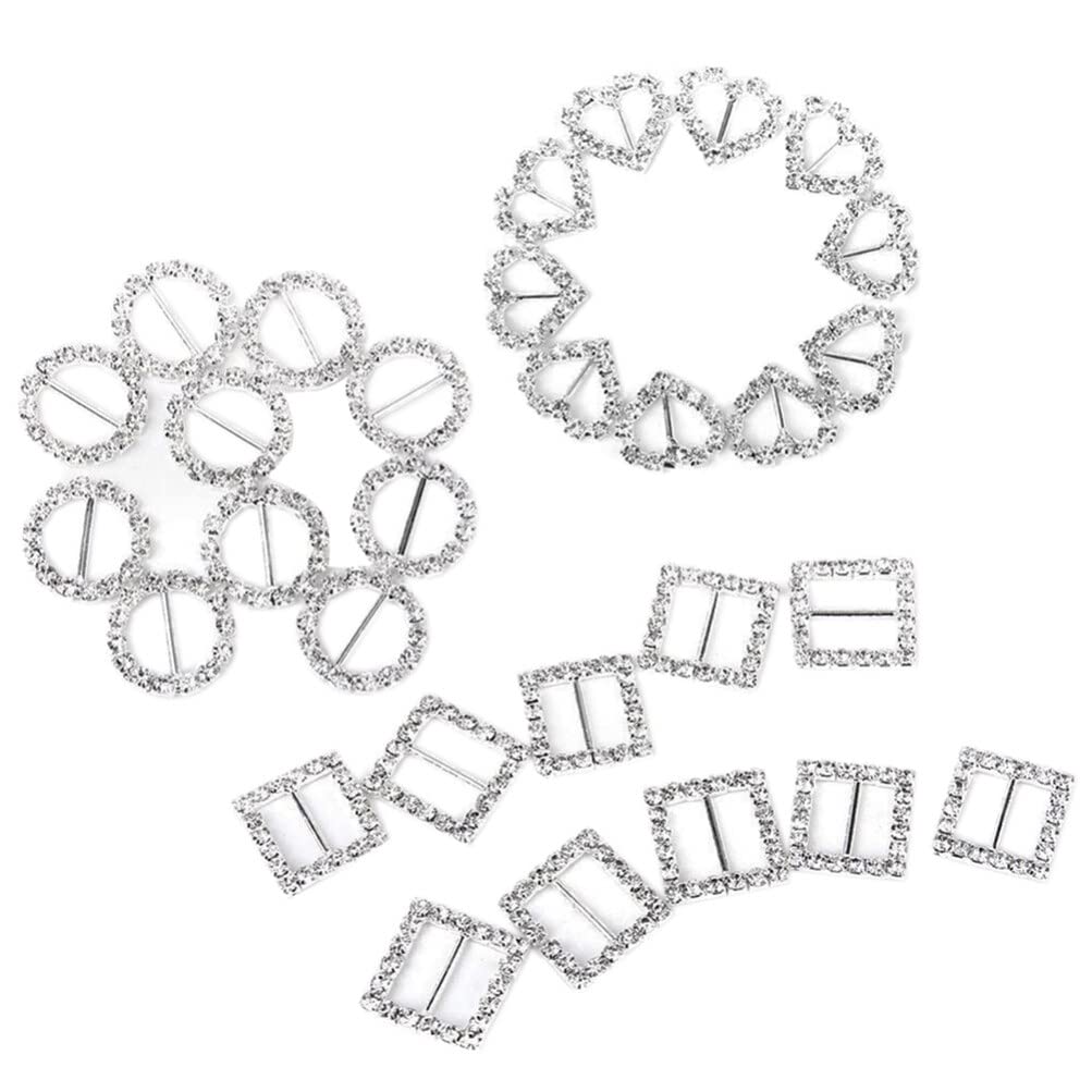 BESPORTBLE 30pcs Ribbon Buckle Slider Sliders Round Square Shape Silver Diamante Embellishments Heart- shaped Rhinestone Buckles for DIY Sliders Diamante Embellishments Rhinestone