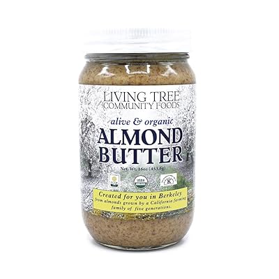 Living Tree Alive &amp; Raw Organic Almond Butter No Sugar Added - Sliced, Never Ground Almonds Creating a Wonderful Texture, Unsweetened Nut Butter Made in Small Batches - 16 Ounce Jar
