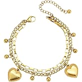 NALISASA 18K Gold Plated Multi Chains Bracelet with Ball and Heart Charms for Women