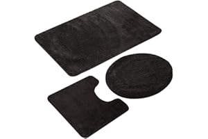 MIFXIN Bathroom Rug Set of 3 Piece Anti-Slip Soft Bath Mats, Rectangular Floor Mat Area Rug + U-Shaped Toilet Mat + Toilet Lid Cover (Black)
