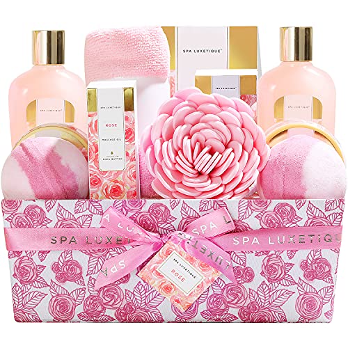 Spa Luxetique Spa Gift Baskets for Women, 12 Pcs Rose Presents Set with Bubble Bath, Bath Bombs, Body Lotion, Hand Cream, Christmas Gift Basket for Mom