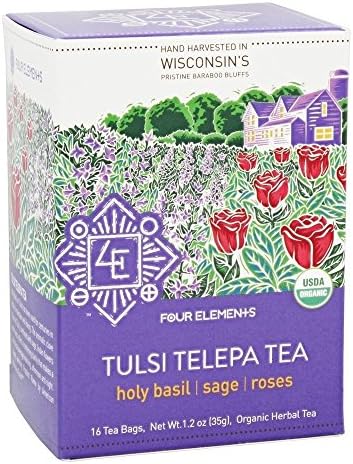 Four Elements 4E Tulsi Telepa Tea, Blend with Holy Basil, Sage and Roses, 100% Organic Herbal Tea, 16 Teabags, 1.2 OZ