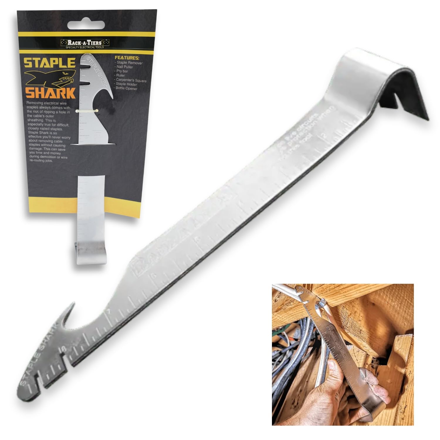 Rack-A-Tiers Staple Shark - Multi-Purpose Staple Puller & Prybar, Electrical Wire Staple Remover, Nail Puller, Speed Square (52455)