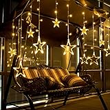 Star Curtain Lights 12 Stars 138 LEDs, LEORX Window Curtain Lights Waterproof for New Year Wedding Party Home Bedroom Patio Garden (Warm White)