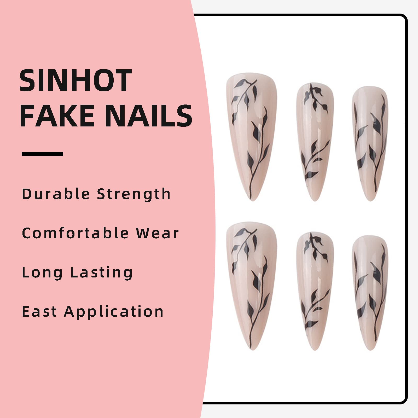 SINHOT Stiletto Press on Nails Extra Long Fake Nails with Glue Glossy False Nails with Black Leaves Designs Full Cover Almond Acrylic Nails 24pcs - Image 5