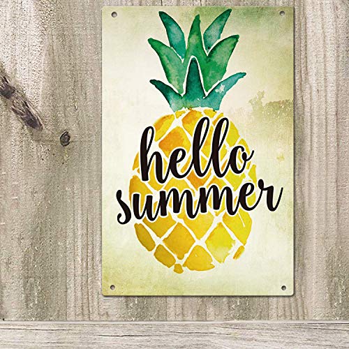 Agantree Art Hello Summer Pineapple Garden Yard Porch Metal Sign Outdoor Decorative Metal Plaque 12 x 8 Inch