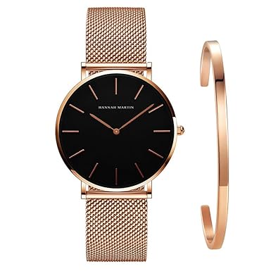 Kubagom Damen Uhren Analog Quarz Edelstahl Wasserdicht Mesh Ultradünne Set mit Armreif