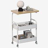 ULIKEUS Rolling Cart with Wooden Tabletop 3-Tier Metal Utility Rolling Cart Storage Organizer with Lockable Wheels for Kitchen, Office, Bedroom