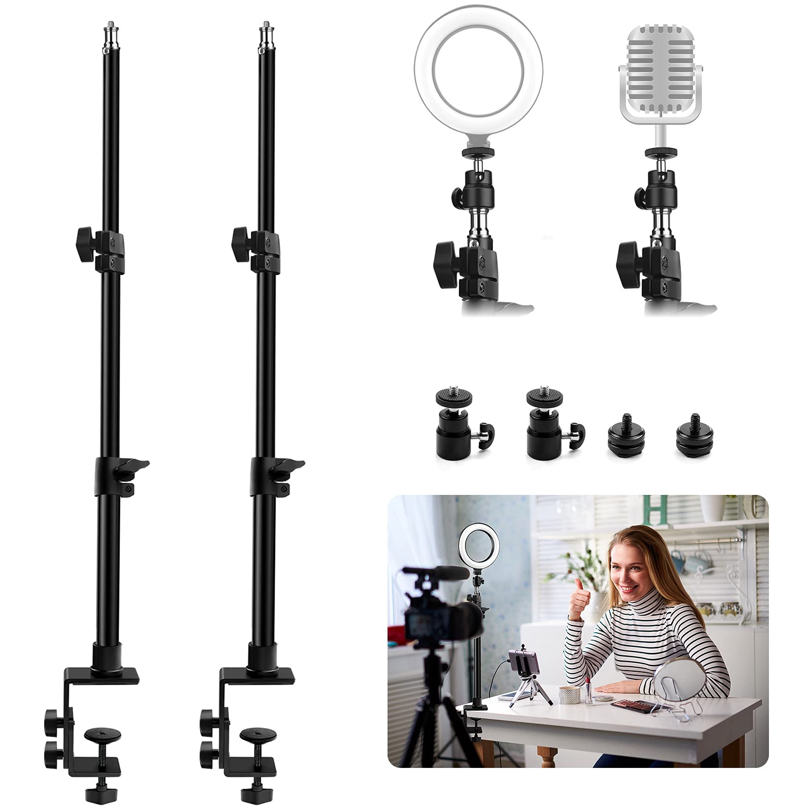 Obeamiu 2 Pack C Clamp Desk Mount Light Stand, 21-45 Inch Adjustable Tabletop Bracket Stand for DSLR Camera, Ring Light, Video Monitor, Microphone Webcam