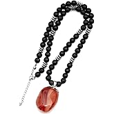 ElisaJewelryArt - Natural Raw Amethyst Crystal Pendant Black Lava Stone Beaded Necklace Genuine Gemstone Feng Shui Stone Clasp Closure Necklace Unisex Necklace