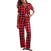 Ekouaer Womens Pajamas Set Plaid PJs Soft Button Down Sleepwear Short Sleeve Nightwear with Long Pants
