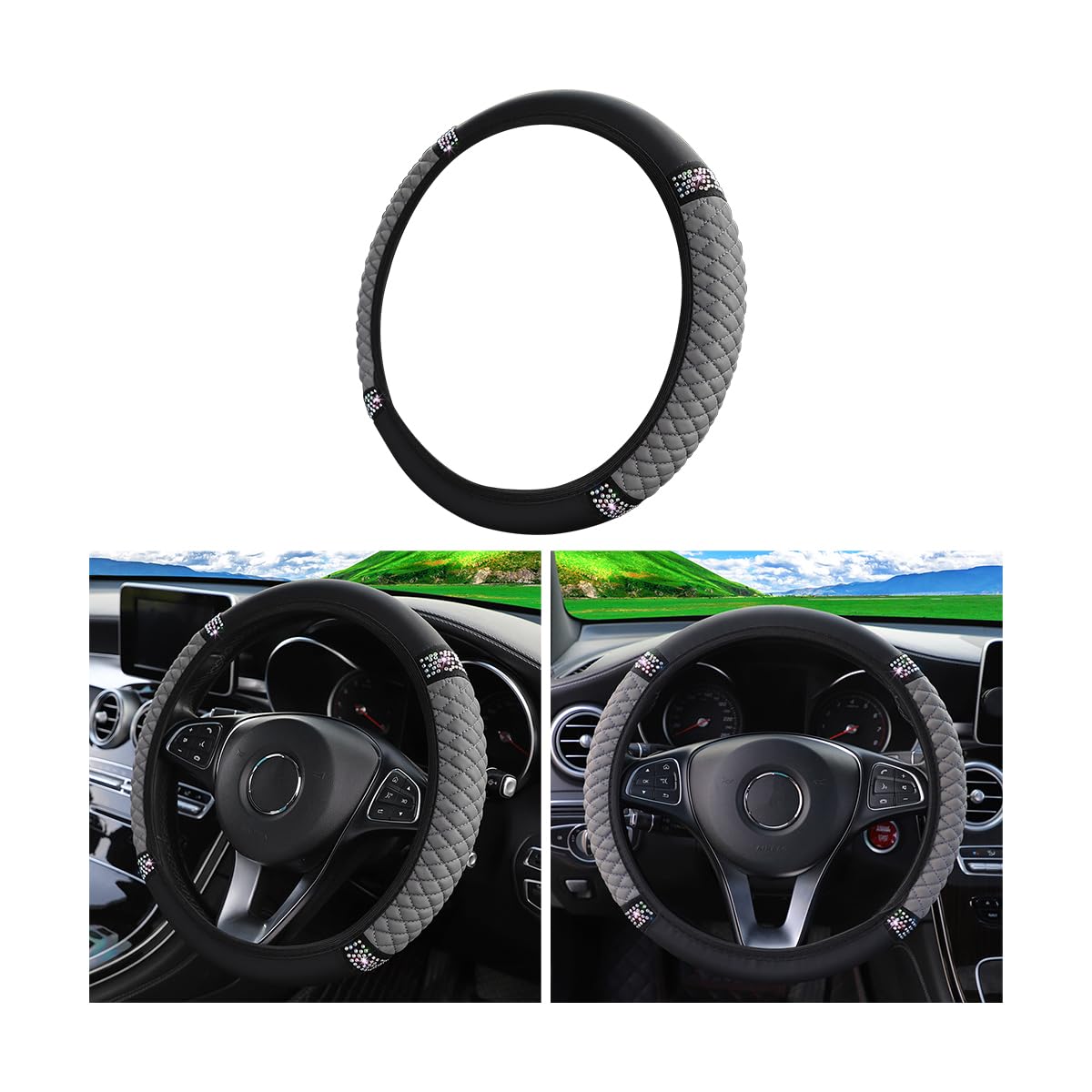 Photo 1 of Bling Soft Leather Steering Wheel Cover, 15 Inch Colorful Rhinestones Auto Elastic Steering Wheel Protector, Sparkly Crystal Diamond for Women Girls, Car Interior Accessories (Gray)
