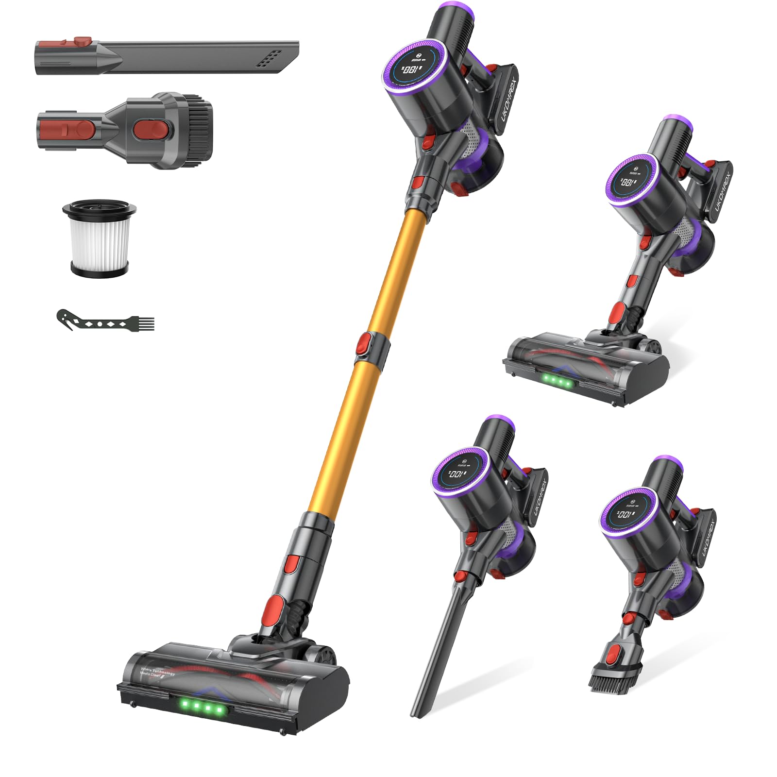 UKDMROX Cordless Stick Vacuum Cleaner: 550W 50KPA 45Mins with Powerful Suction, Self-Standing Lightweight Wireless Rechargeable Handheld Vacuum with Touch Screen for Home Pet Hair/Carpets/Floors