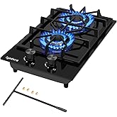 Ignivra Gas Cooktop 2 Burner,12000W Built-in Gas Stove, Black Crystal Tempered Glass Propane Cooktop, 20.08x12.2" Top Propane Stove Indoor LPG/NG Dual Fuel Hob for Apartment Kitchen RV