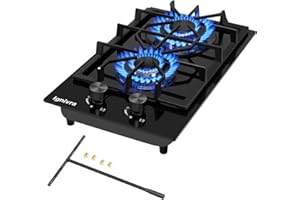 Ignivra Gas Cooktop 2 Burner,12000W Built-in Gas Stove, Black Crystal Tempered Glass Propane Cooktop, 20.08x12.2" Top Propane Stove Indoor LPG/NG Dual Fuel Hob for Apartment Kitchen RV