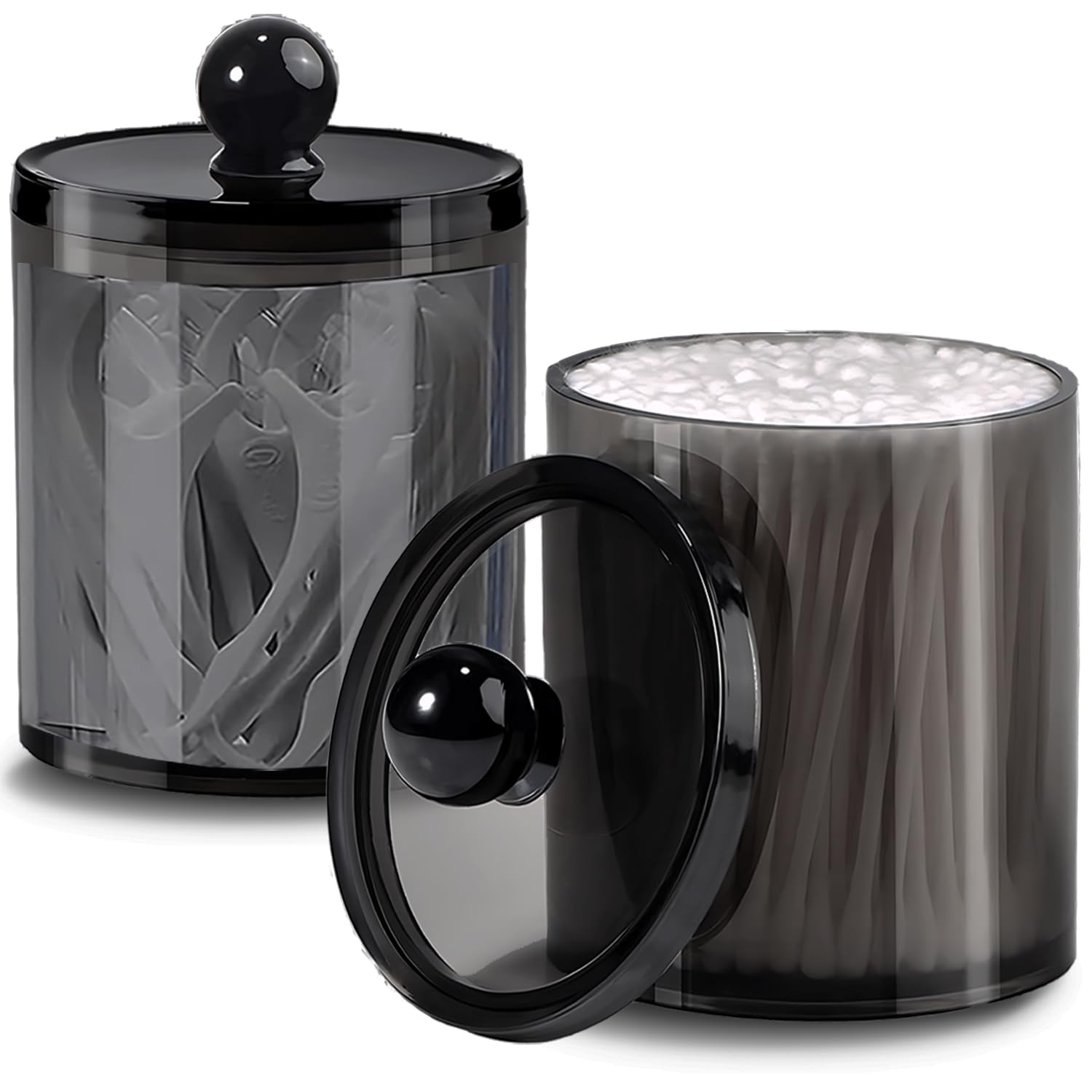 AIMIXUN 2 Pack Cotton Buds Dispenser, Cotton Pad Holder, 10 oz Clear Black Cotton Swab Holder Cotton Round Holder, Apothecary Jar Set Canister Storage Organization for Cotton Ball, Round Pads, Floss