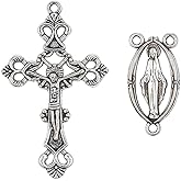 Pandahall 10sets Antique Silver Rosary Cross and Center Sets Alloy Crucifix Cross Pendants and Centerpiece Catholic Virgin Links for Rosary Bead Necklace Making
